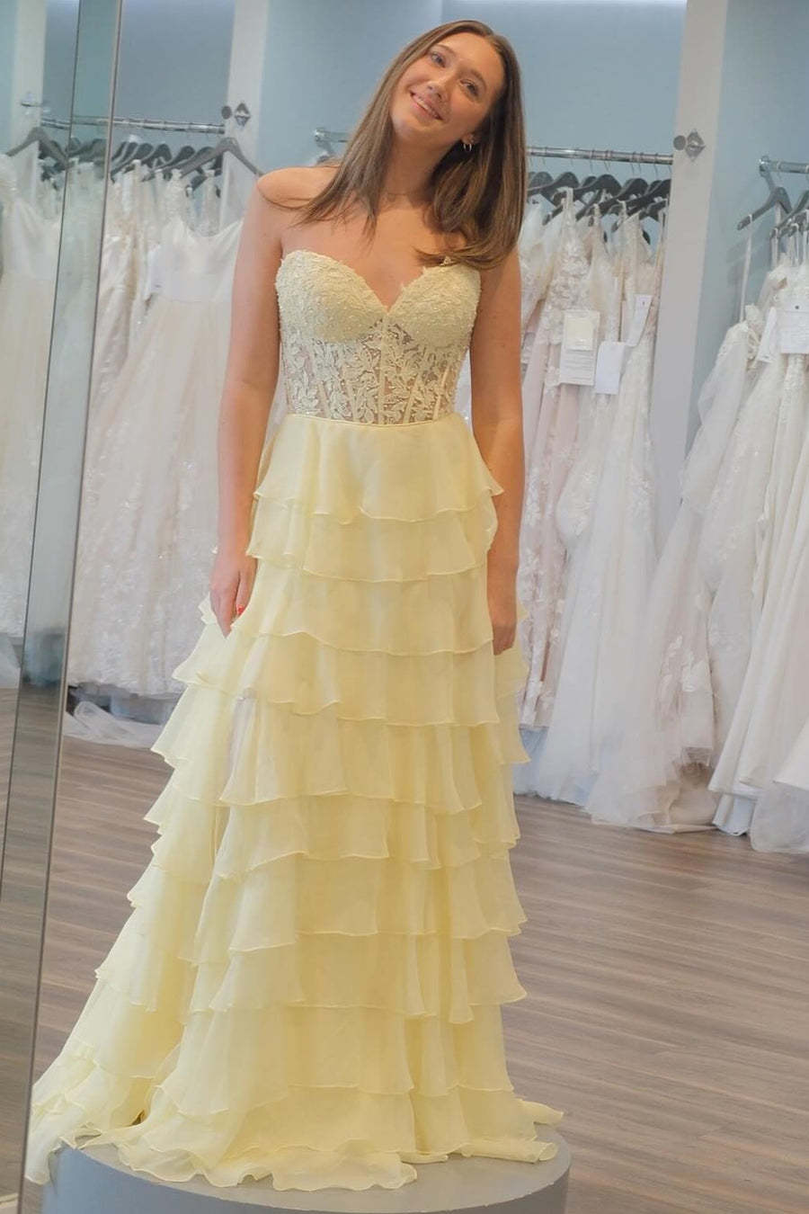 Pink Prom Dress A-Line Tiered Chiffon Long Formal Dress With Lace