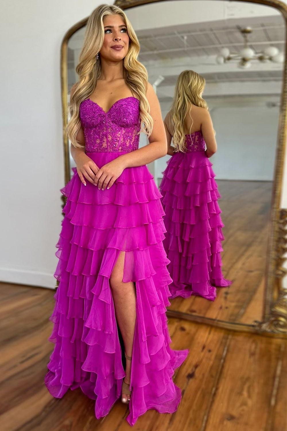 Pink Prom Dress A-Line Tiered Chiffon Long Formal Dress With Lace