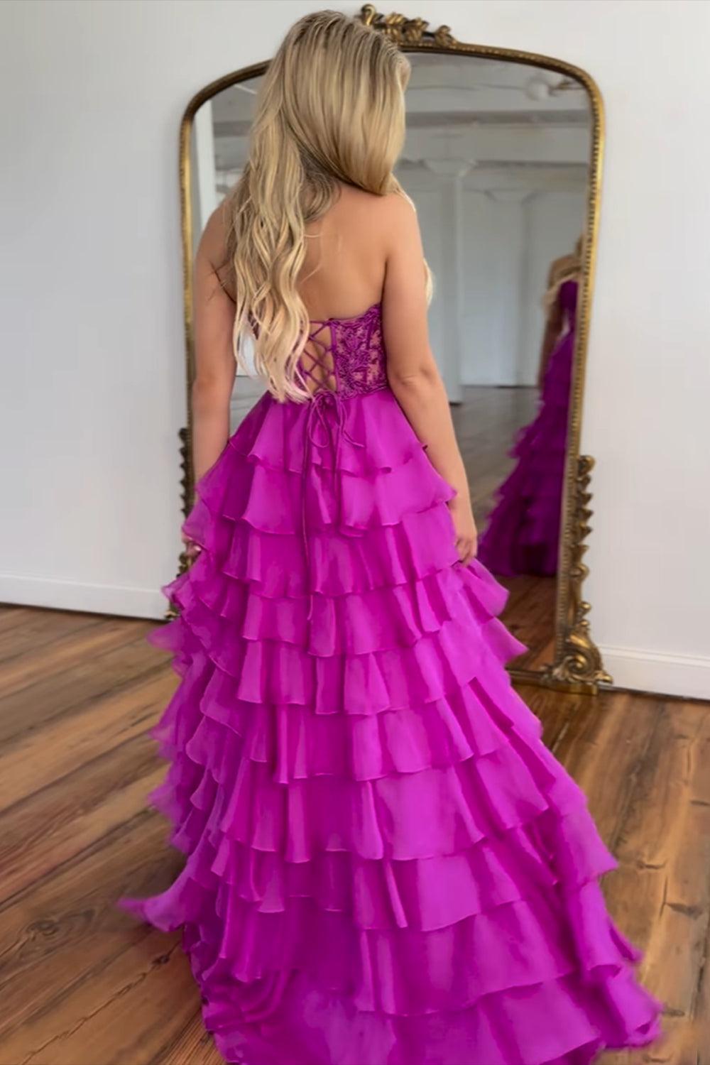 Pink Prom Dress A-Line Tiered Chiffon Long Formal Dress With Lace