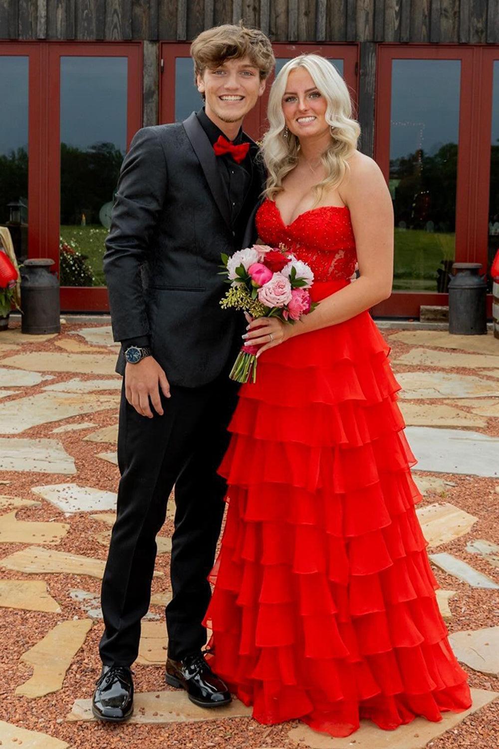 Pink Prom Dress A-Line Tiered Chiffon Long Formal Dress With Lace