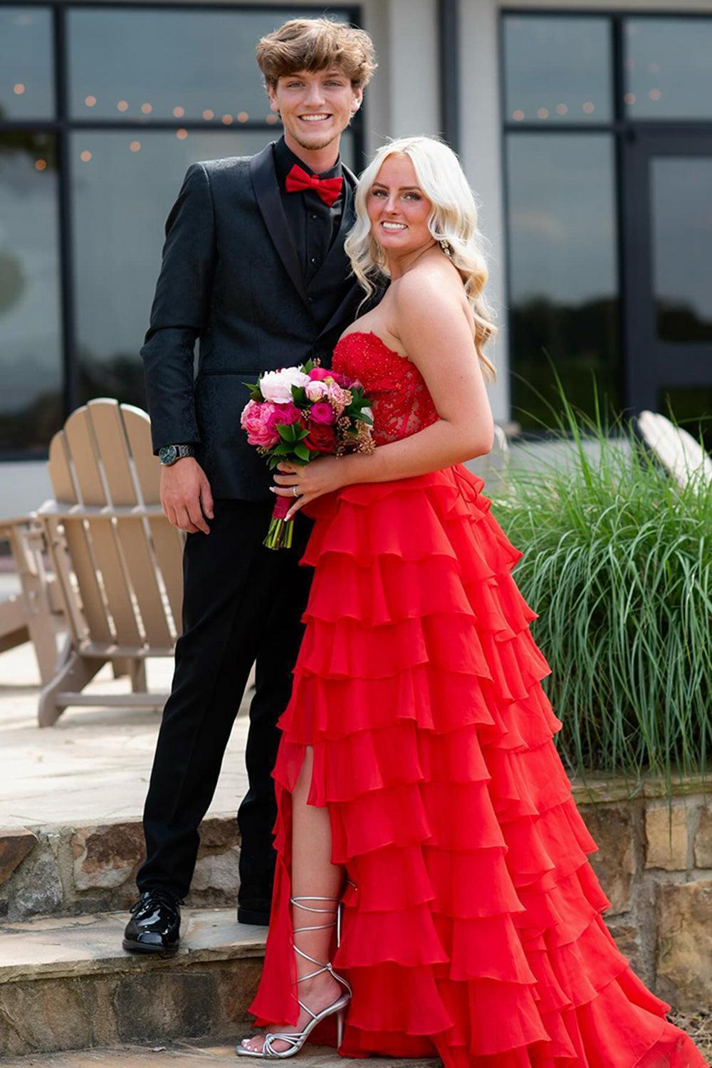 Pink Prom Dress A-Line Tiered Chiffon Long Formal Dress With Lace
