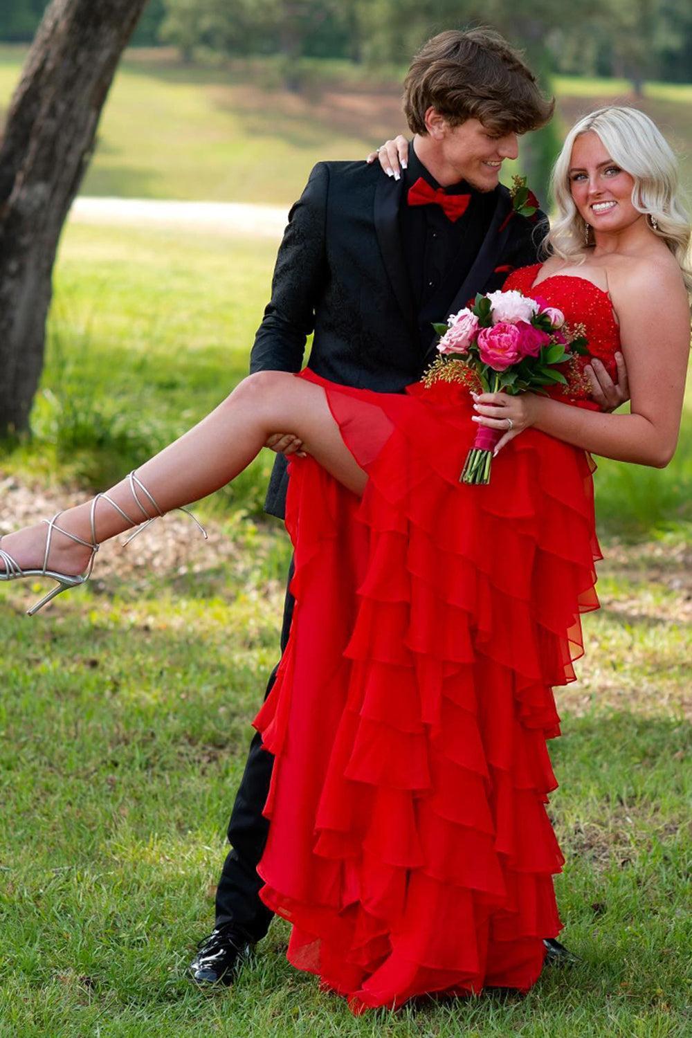 Pink Prom Dress A-Line Tiered Chiffon Long Formal Dress With Lace