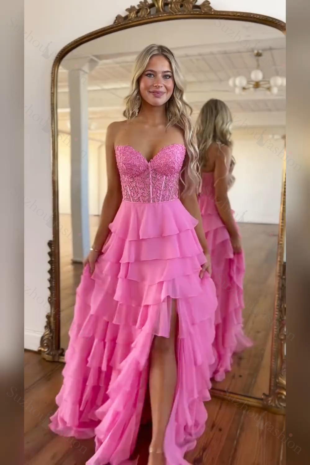 Pink Prom Dress A-Line Tiered Chiffon Long Formal Dress With Lace