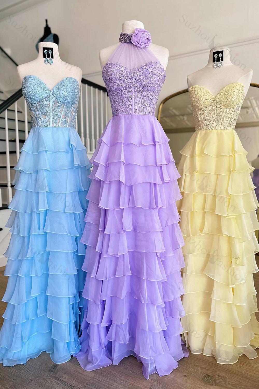 Pink Prom Dress A-Line Tiered Chiffon Long Formal Dress With Lace
