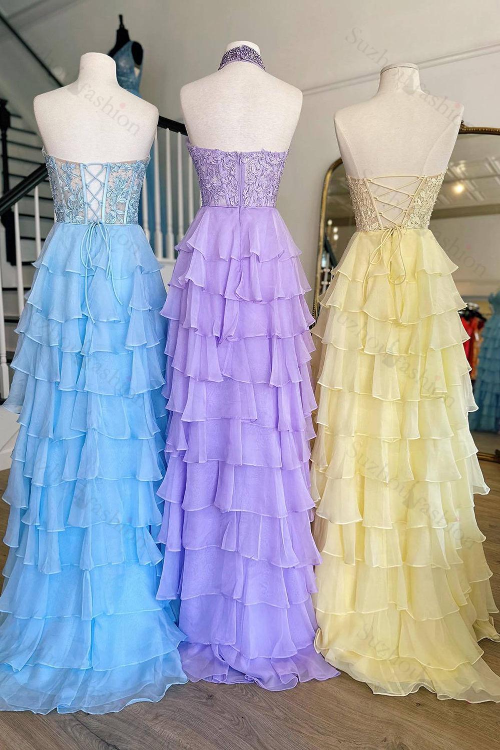 Pink Prom Dress A-Line Tiered Chiffon Long Formal Dress With Lace