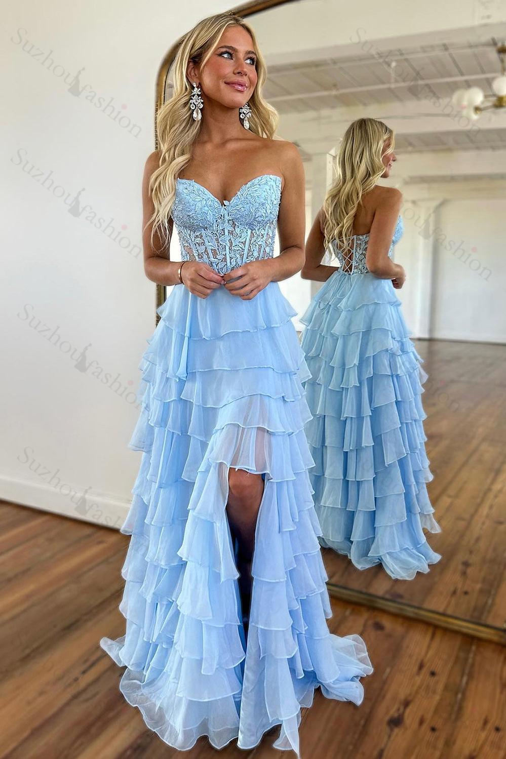 Pink Prom Dress A-Line Tiered Chiffon Long Formal Dress With Lace