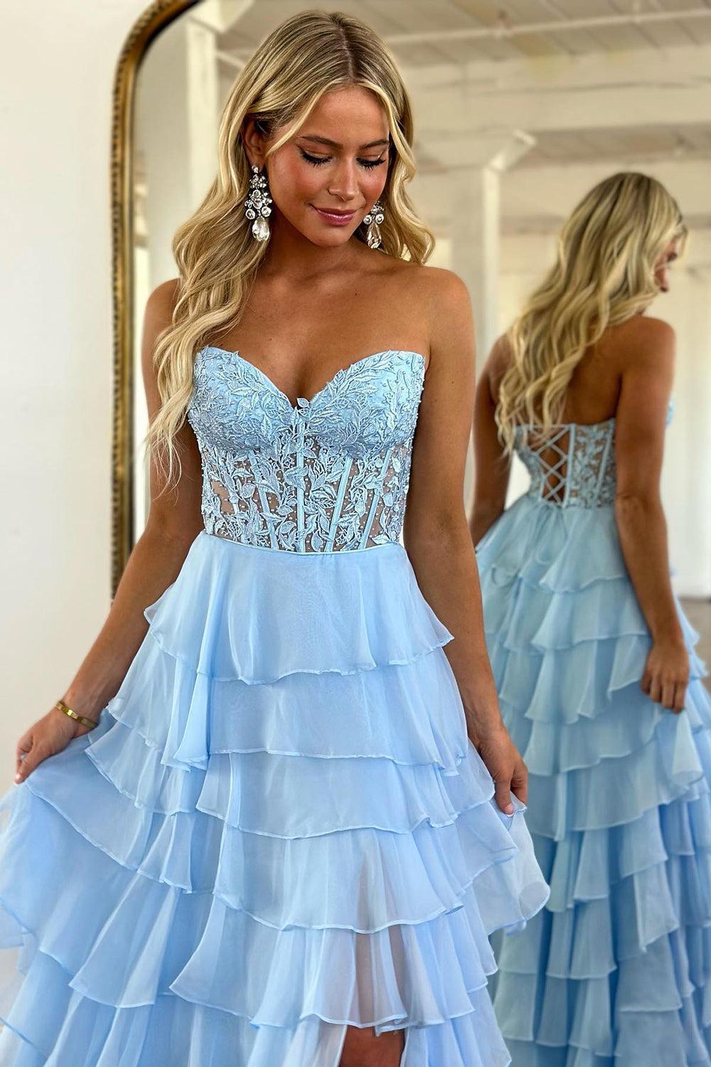 Pink Prom Dress A-Line Tiered Chiffon Long Formal Dress With Lace