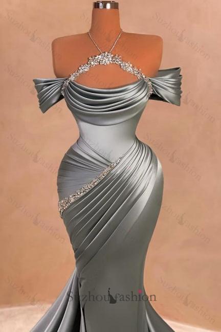 Grey Blue Prom Dress Mermaid Strapless Halter Off The Shoulder Beaded Satin Formal Dress