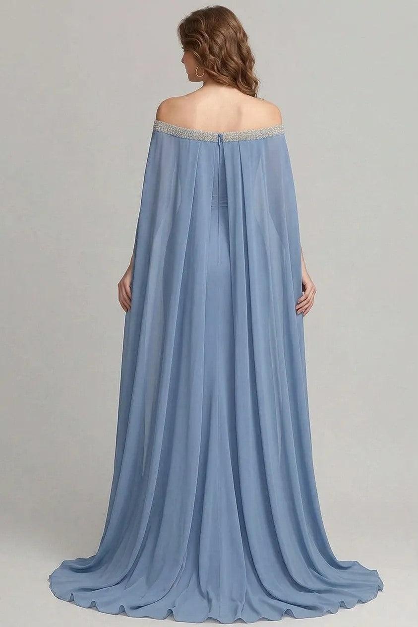Grey Blue Wedding Guest Dress Chiffon Off The Shoulder Formal Dress With Cape