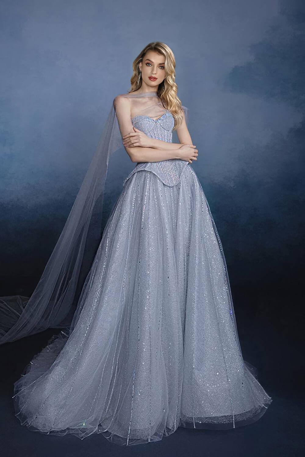 Grey Corset Dress A Line Sweetheart Tulle Prom Dress with Beadings and Rhinestones