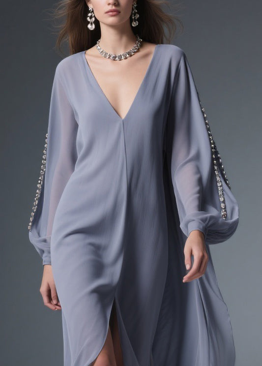 Grey Front Open Solid Chiffon Long Dresses V Neck Spring
