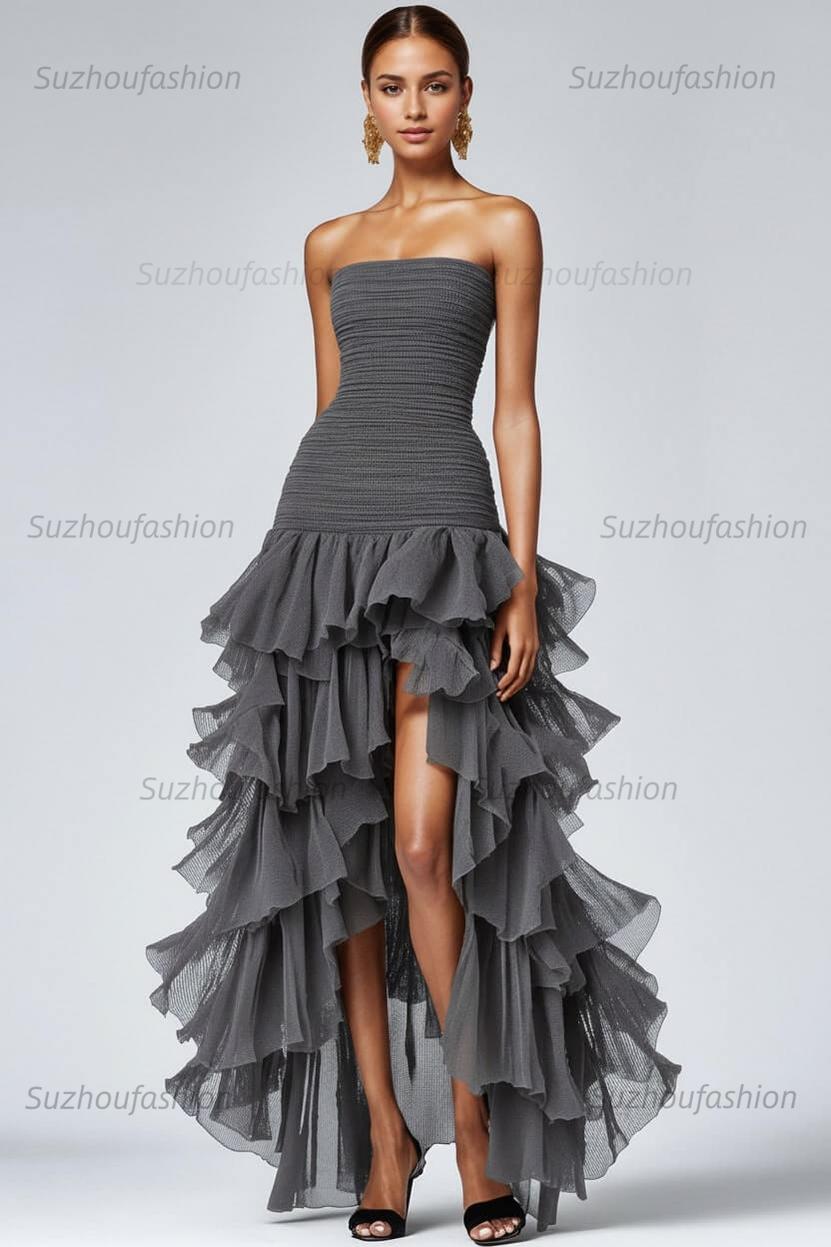 Black Wedding Guest Dress Strapless Tulle Long Ruffled Formal Dress With Slit