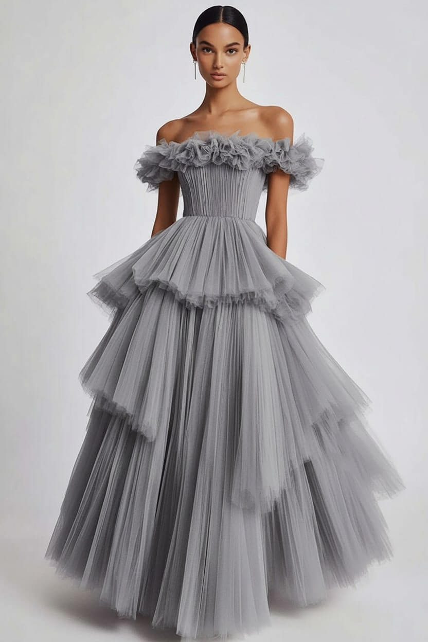Dusty Sage Prom Dress Tulle Off The Shoulder Ball Gown Formal Dress With Ruffles