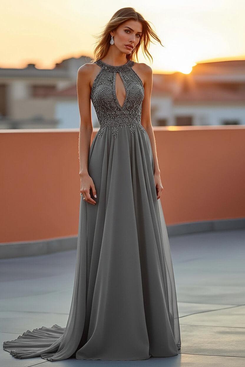 Beaded Navy Wedding Guest Dress Halter Long Formal Dress With Embroideries