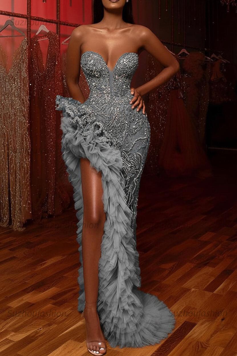 Gorgeous Mermaid Prom Dress Beading Sleeveless Long Split Evening Dress With Ruffles
