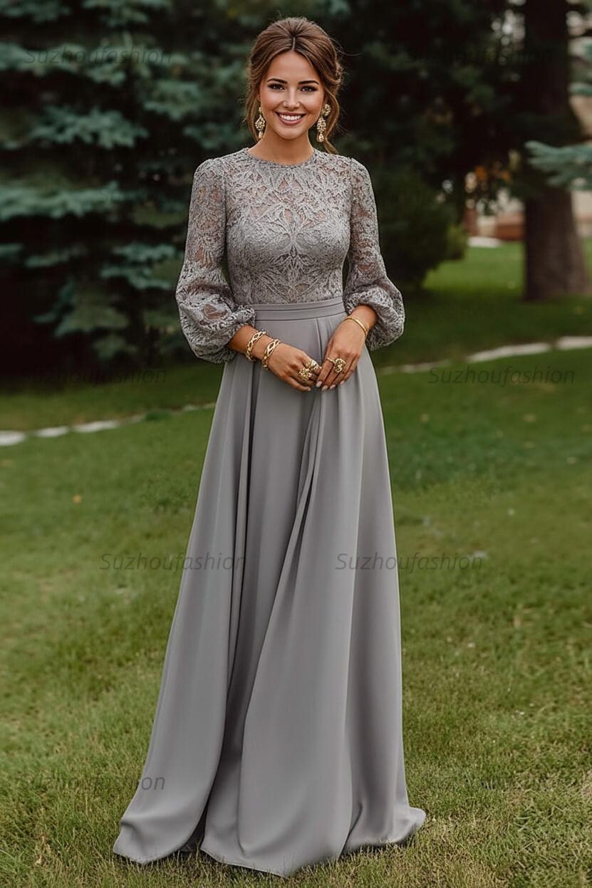 Lace Dusty Rose Puff Sleeves A Line Floor Length Mother Of The Bride Dress