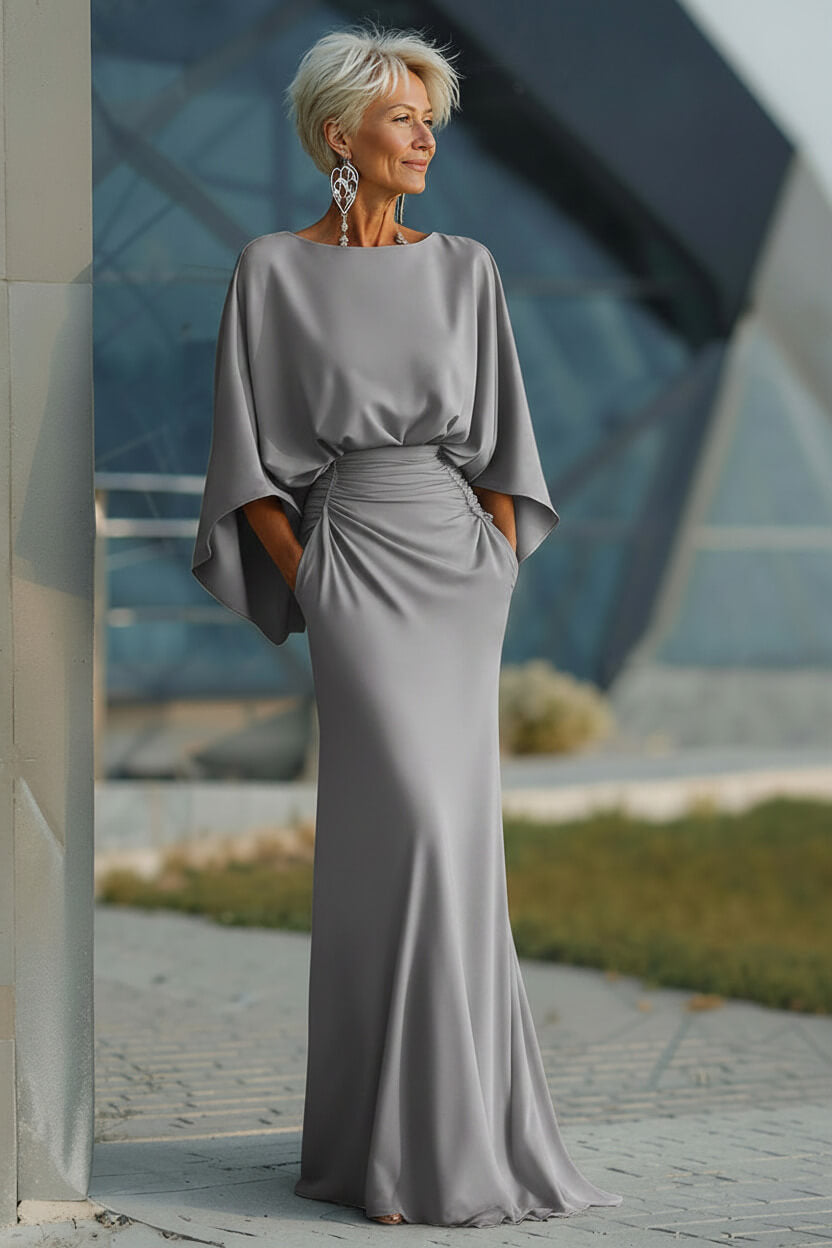Navy Satin Mermaid Backless Long Mother Of The Bride Dress With Pockets