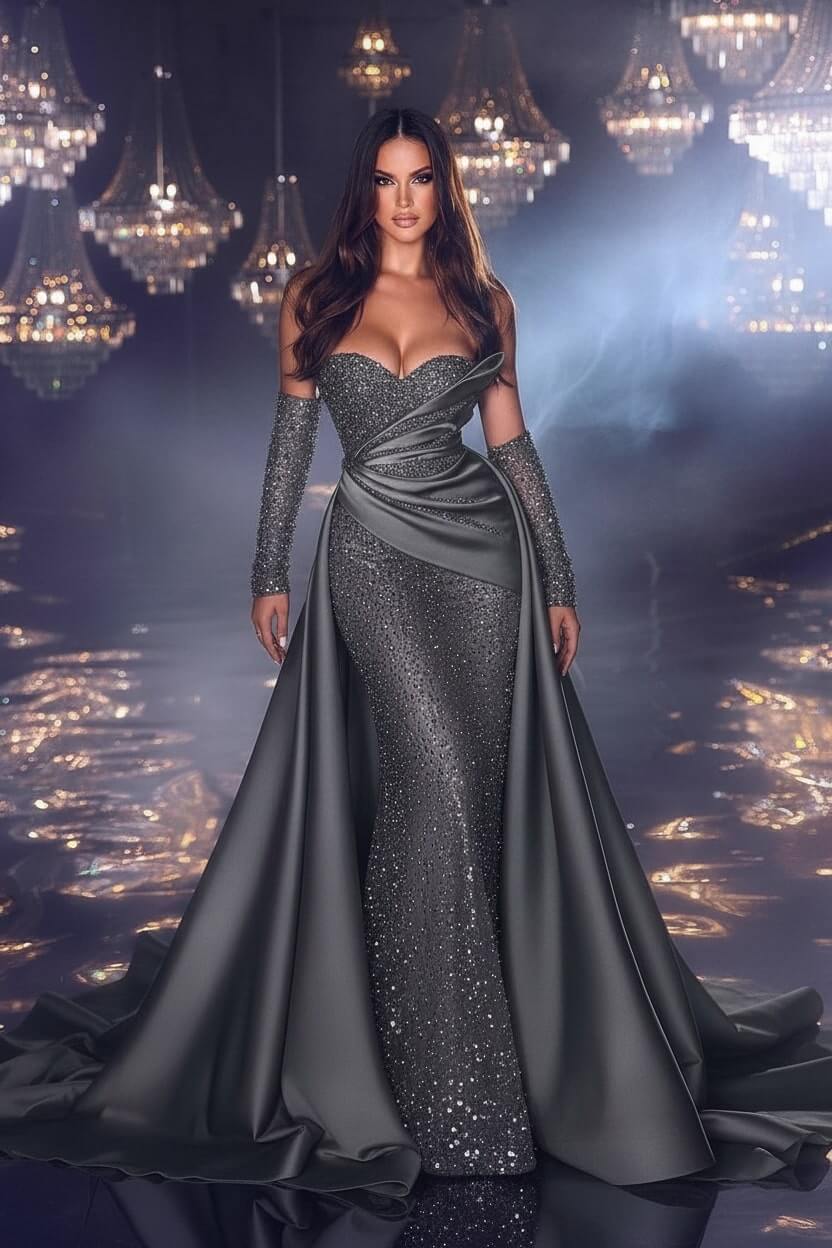 Chic Sweetheart Sleeveless Satin Prom Dresses with Ruffles