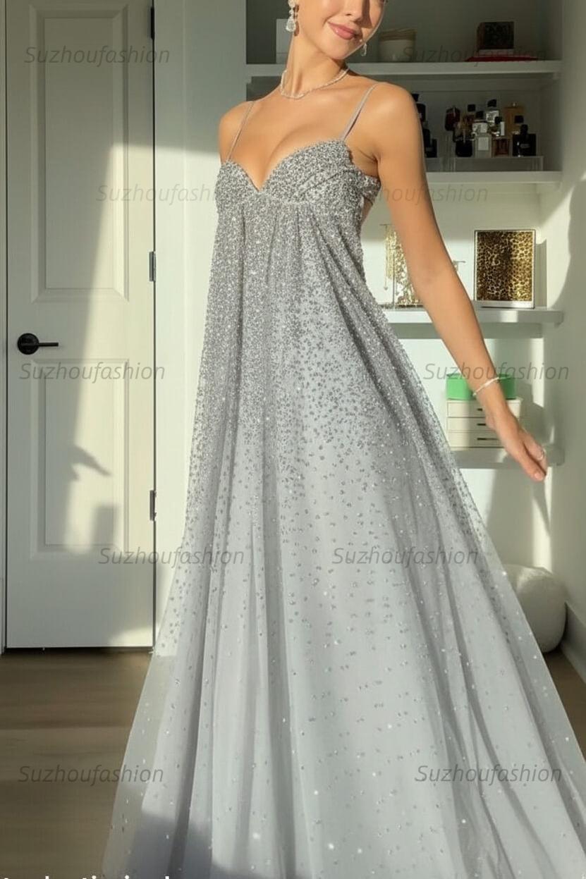 Suzhoufashion Bling A Line Spaghetti Straps Grey Blue Long Party Dress With Beading Formal Evening Gown