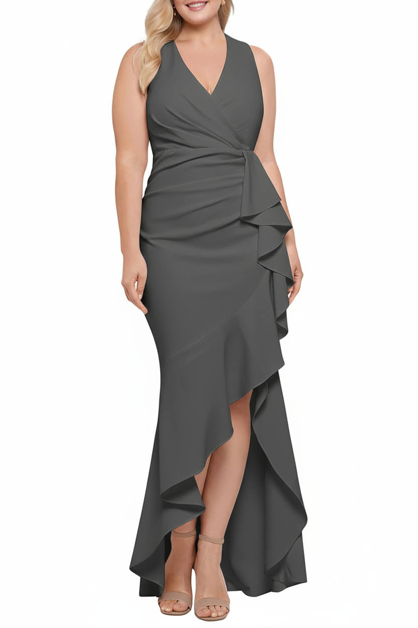 V Neck Sleeveless Plus Size Long Sheath Column Mother of the Bride Dress with Ruffles