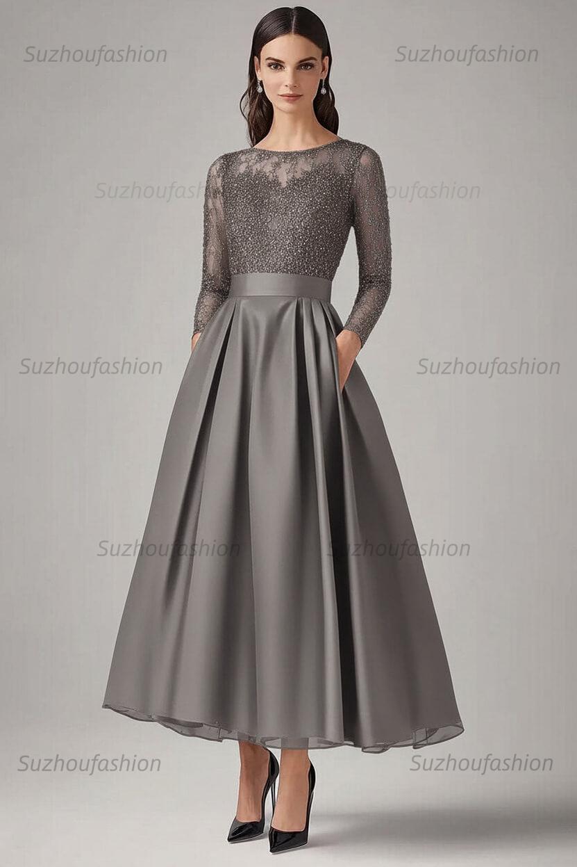 Navy Wedding Guest Dress Beaded A Line Long Sleeves Formal Dress With Lace