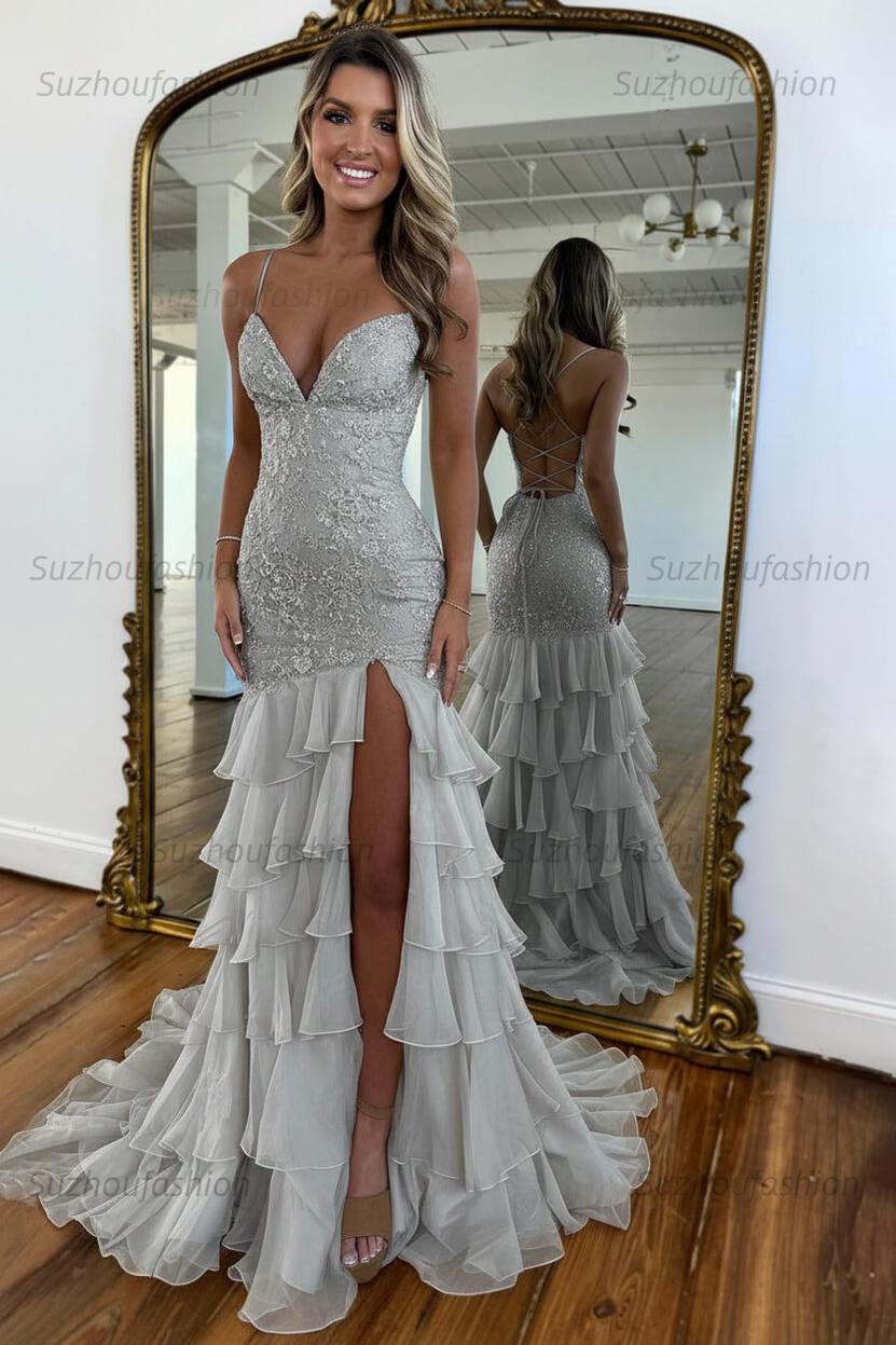 Suzhoufashion Mermaid Spaghetti Straps Lace Up Long Prom Dress With Ruffle Skirt Formal Evening Gown