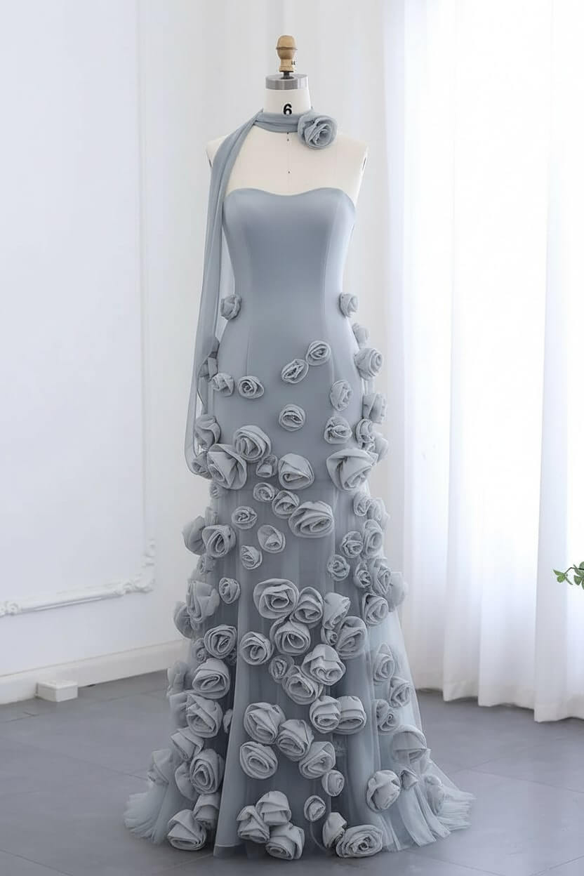 Pink Prom Dress Strapless Mermaid 3D Flowers Formal Dress With Slit