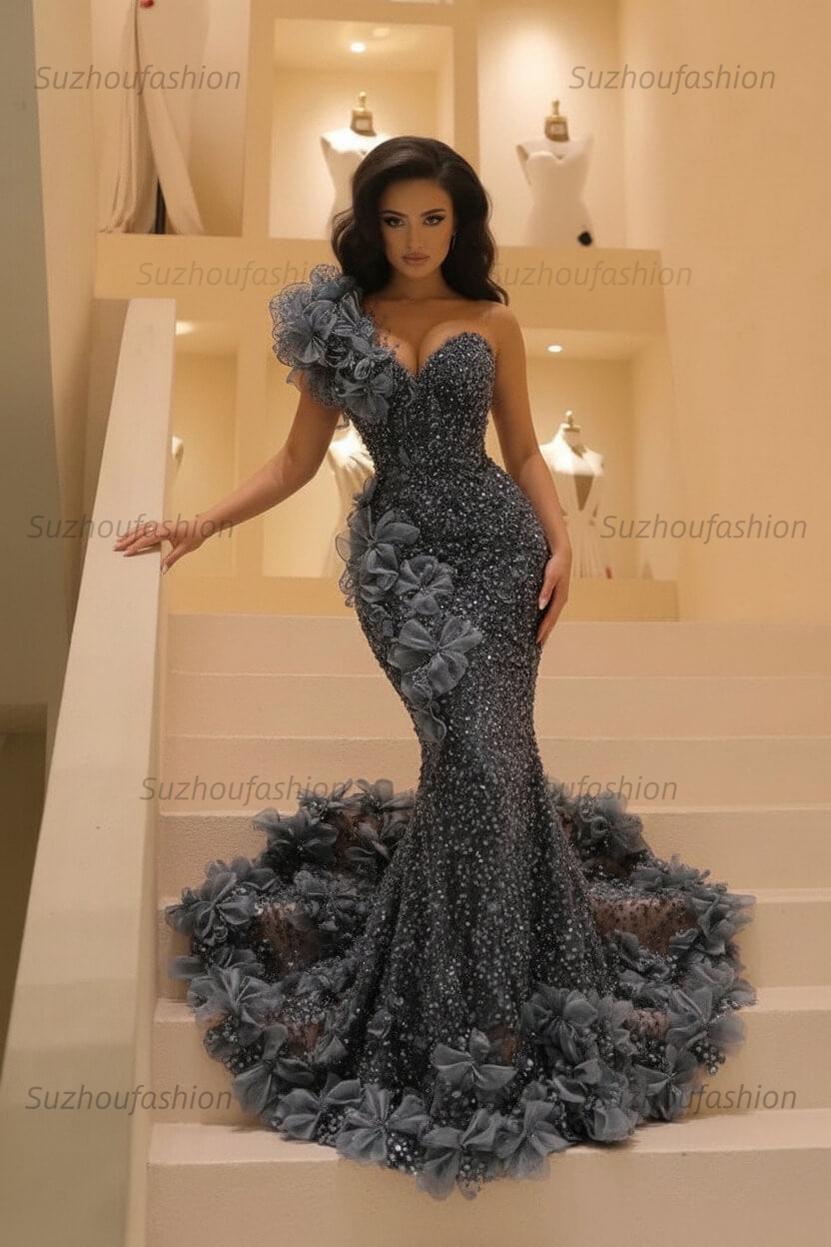 Burgundy One Shoulder Prom Dress Mermaid Sequined Formal Evening Dress with 3D Flowers