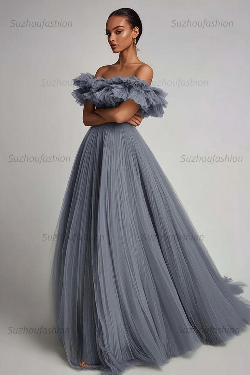 Dusty Sage Prom Dress Tulle A Line Long Formal Dress With Ruffles