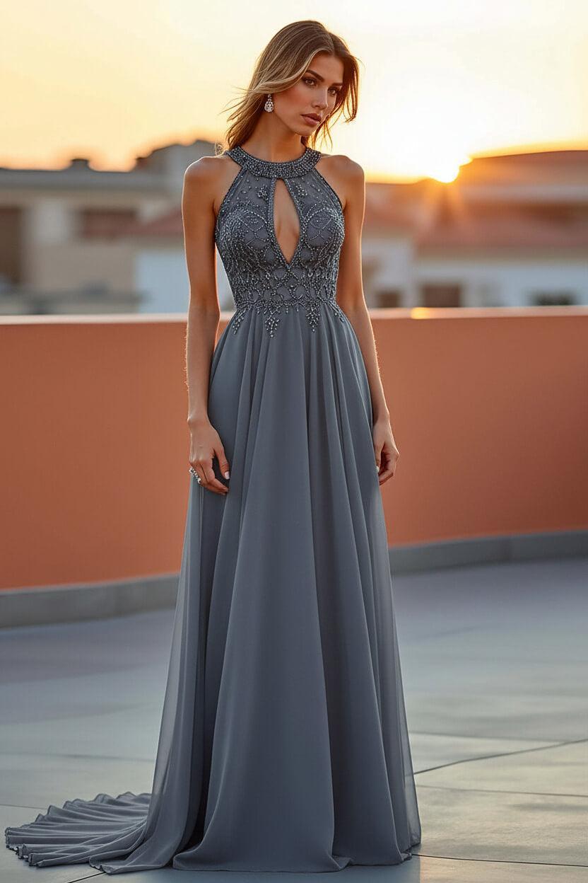 Beaded Navy Wedding Guest Dress Halter Long Formal Dress With Embroideries