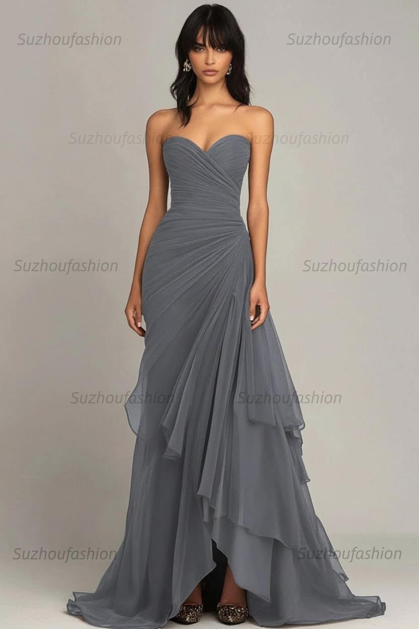 Elegant Sweetheart Ruched Dark Brown Long Formal Dress With Ruffles