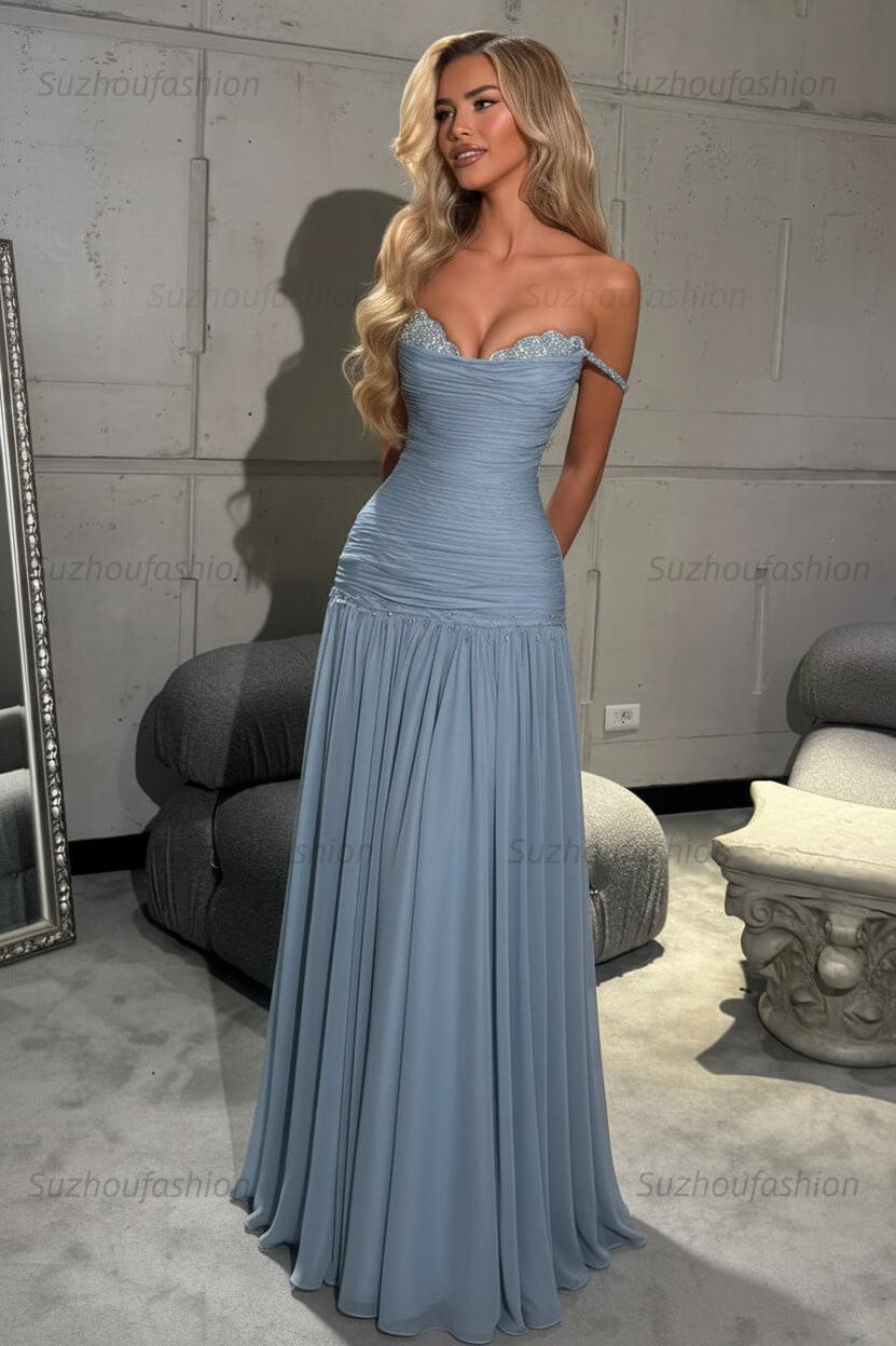 Off The Shoulder Prom Dress Sleeveless Pleated A Line Formal Evening Gown