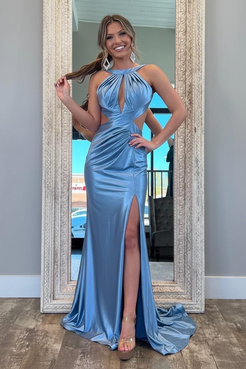 Suzhoufashion Stylish Fuchsia Metallic Mermaid Prom Dress With Slit And Open Back Formal Evening Gown