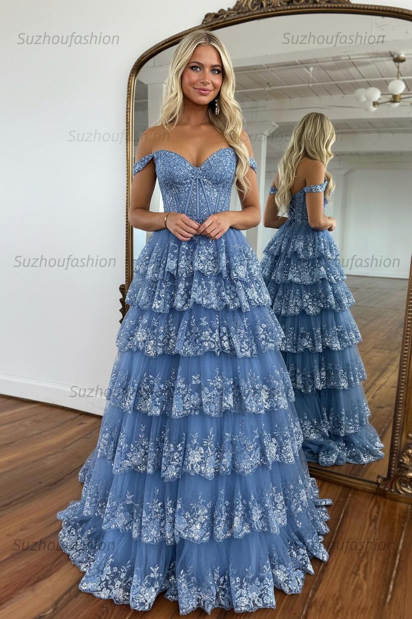 Glitter Hot Pink Corset Off the Shoulder Lace Long Prom Dress