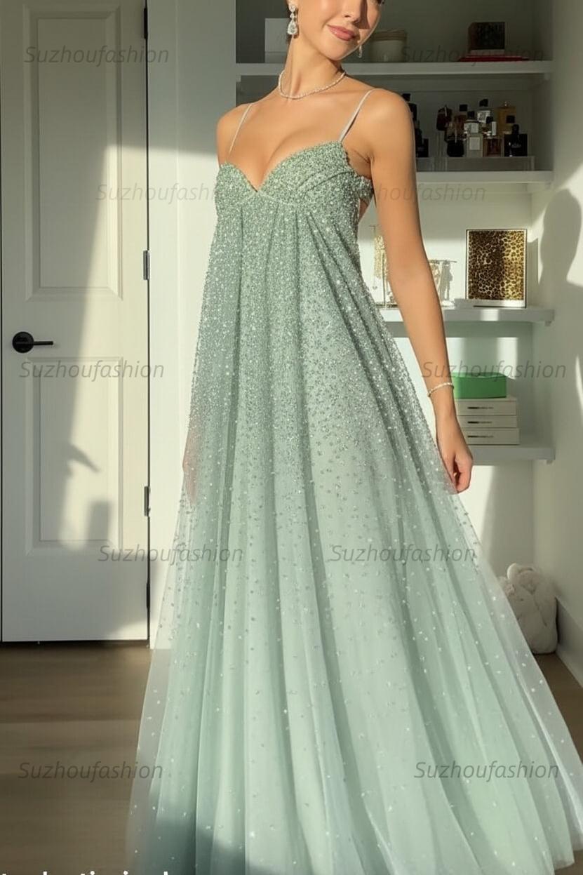 Suzhoufashion Bling A Line Spaghetti Straps Grey Blue Long Party Dress With Beading Formal Evening Gown