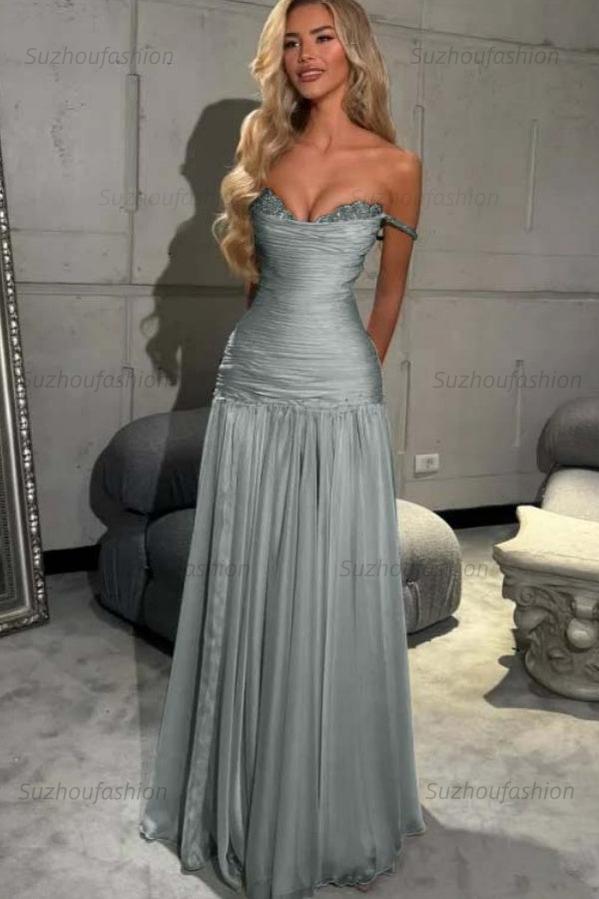 Off The Shoulder Prom Dress Sleeveless Pleated A Line Formal Evening Gown