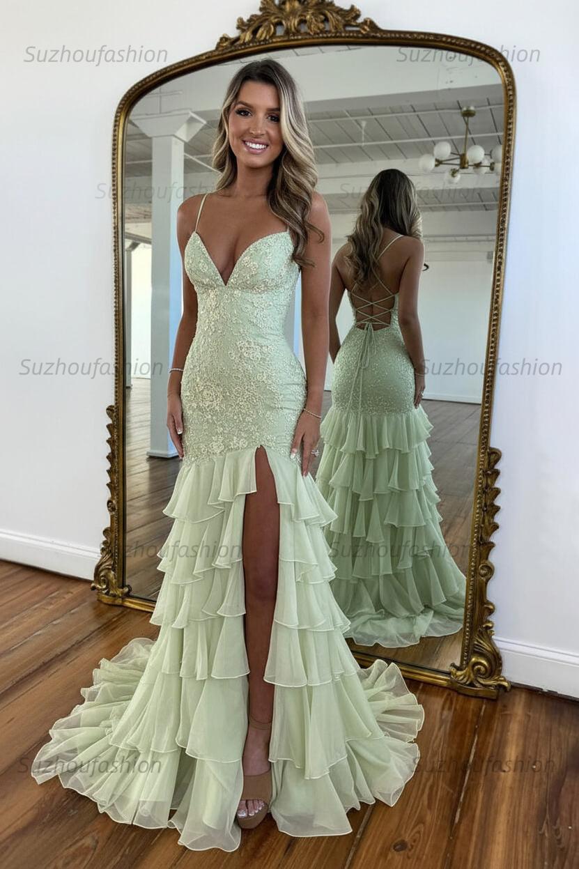 Suzhoufashion Mermaid Spaghetti Straps Lace Up Long Prom Dress With Ruffle Skirt Formal Evening Gown