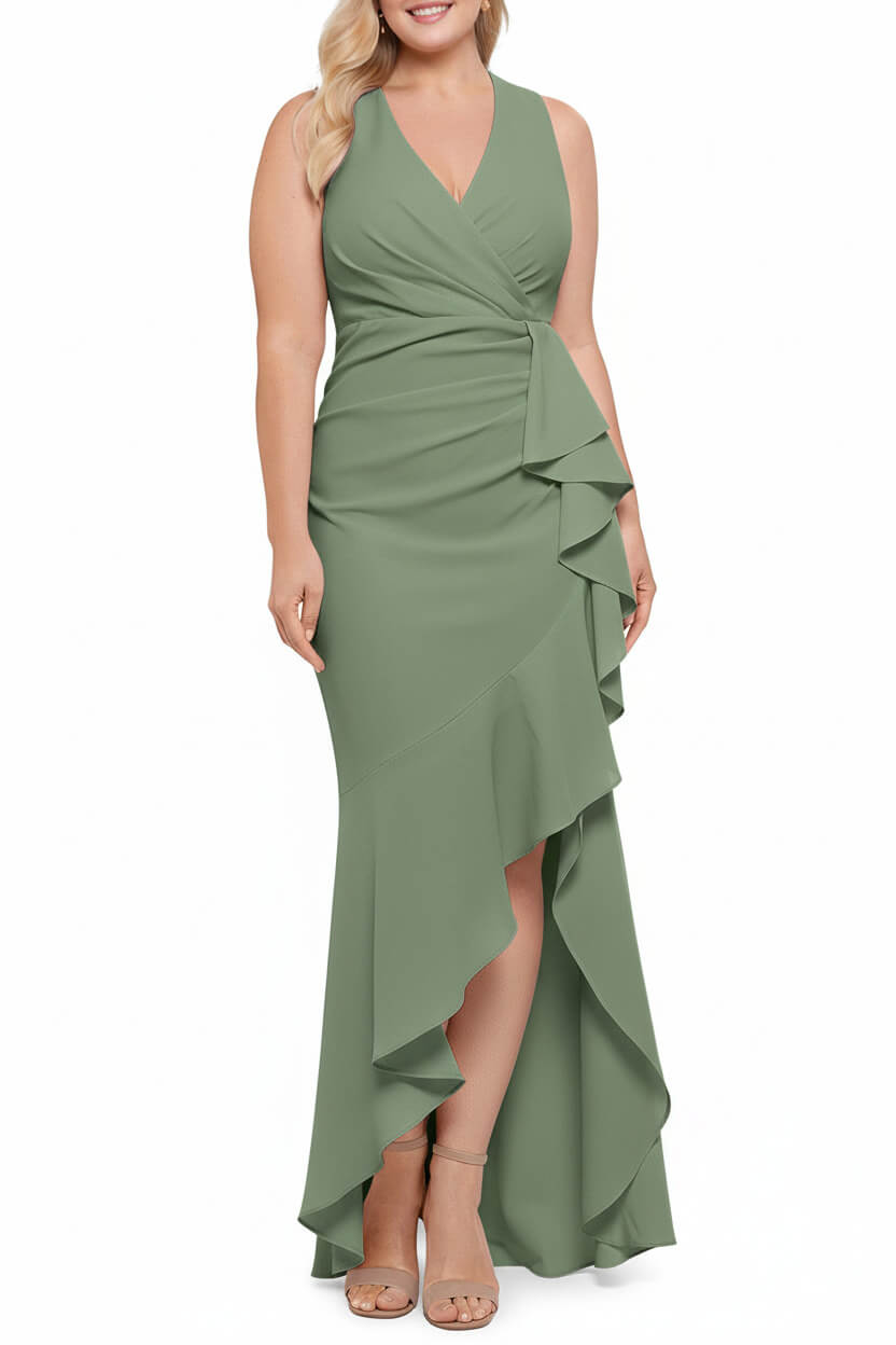 V Neck Sleeveless Plus Size Long Sheath Column Mother of the Bride Dress with Ruffles