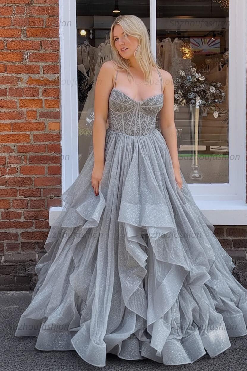Dark Green A Line Long Corset Prom Dress With Ruffles