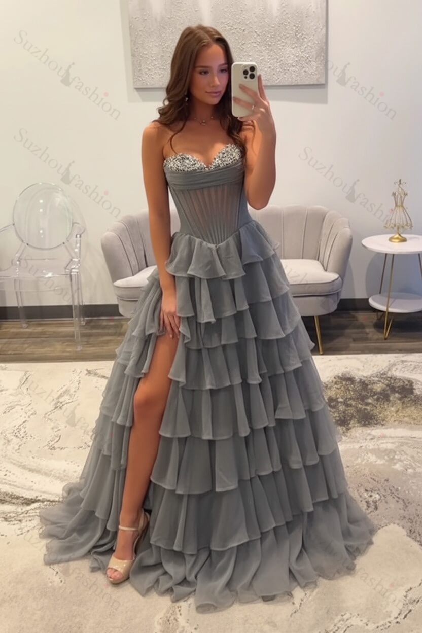 Ruffled Black Prom Dress A Line Corset Long Formal Dress With Beadings