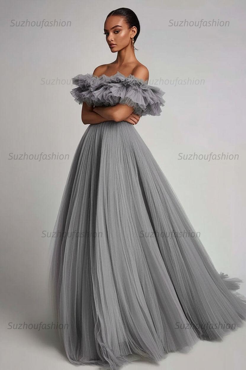 Dusty Sage Prom Dress Tulle A Line Long Formal Dress With Ruffles