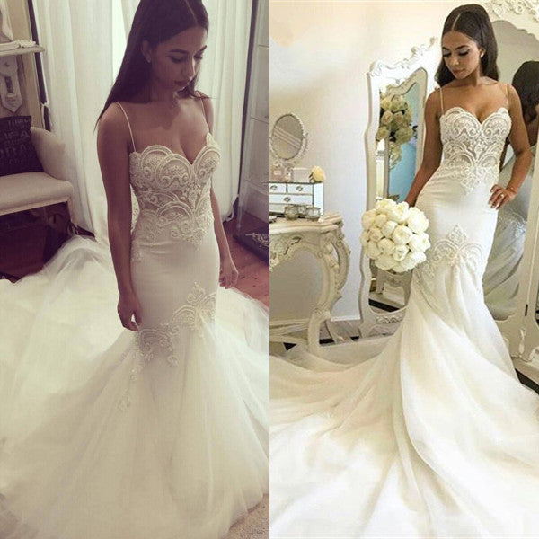Grgeous Spaghetti-Straps Lace Wedding Dress Mermaid Long Tulle Bridal Gowns