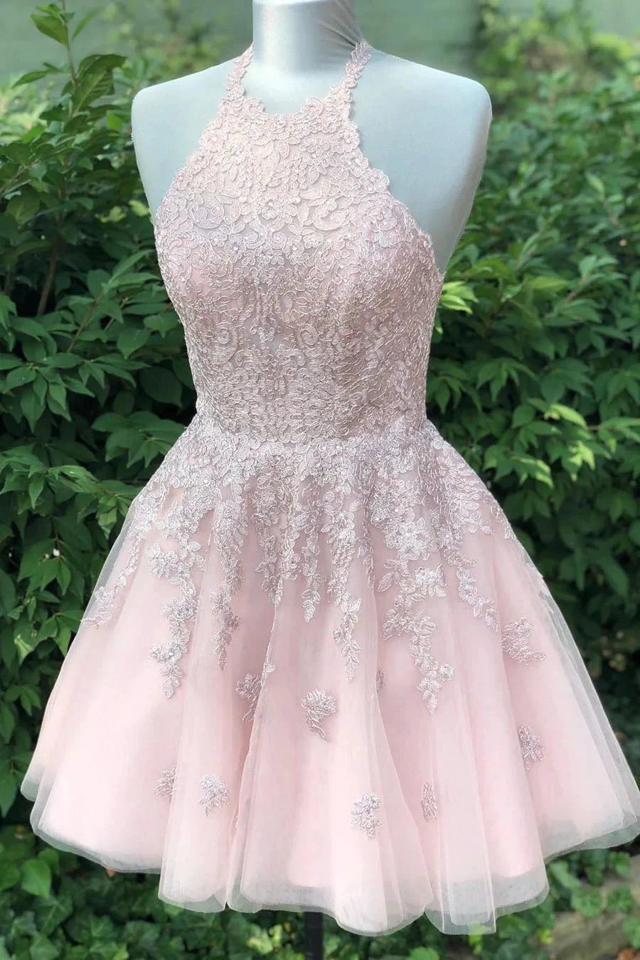 Beautiful Halter Backless Pink Lace Tulle A-line Short Homecoming Dresses by Ombreprom