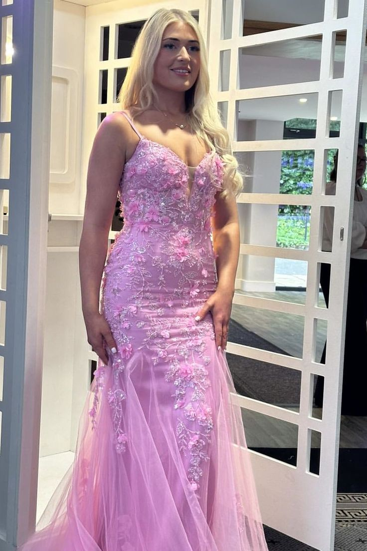 Beautiful Pink Spaghetti Straps Tulle Lace Appliques Mermaid Evening Dress Long Prom Dress Y7851 - VelvetHem