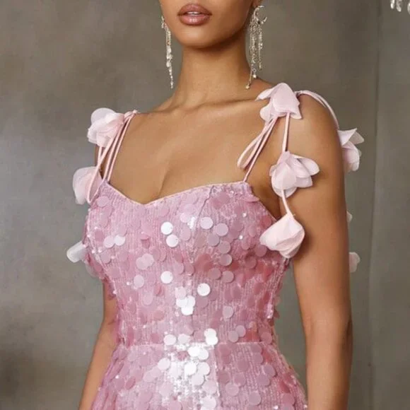 Sparkly Spaghetti Straps Pink Sequin Mermaid Slit Evening Dress Long Birthday Party Dress - View 6 | VelvetHem