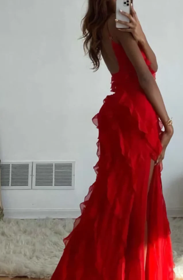 Red Ruffles Long Formal Prom Dress Elegant Evening Dress Y7979 - VelvetHem