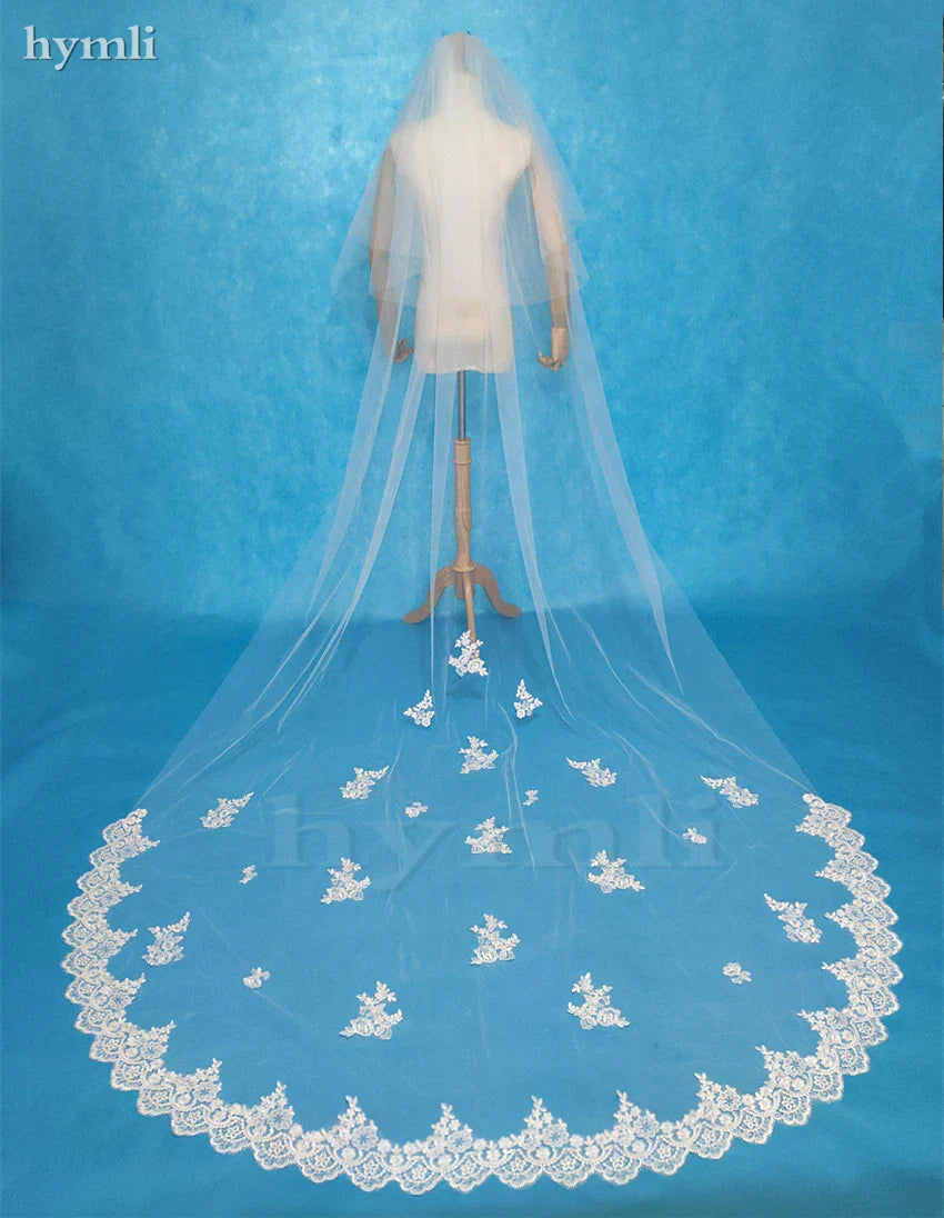 2 Tier Lace Wedding Veil 3 Meters Long Bridal Veil Lace Veil Cathedral Veil with Metal Comb White