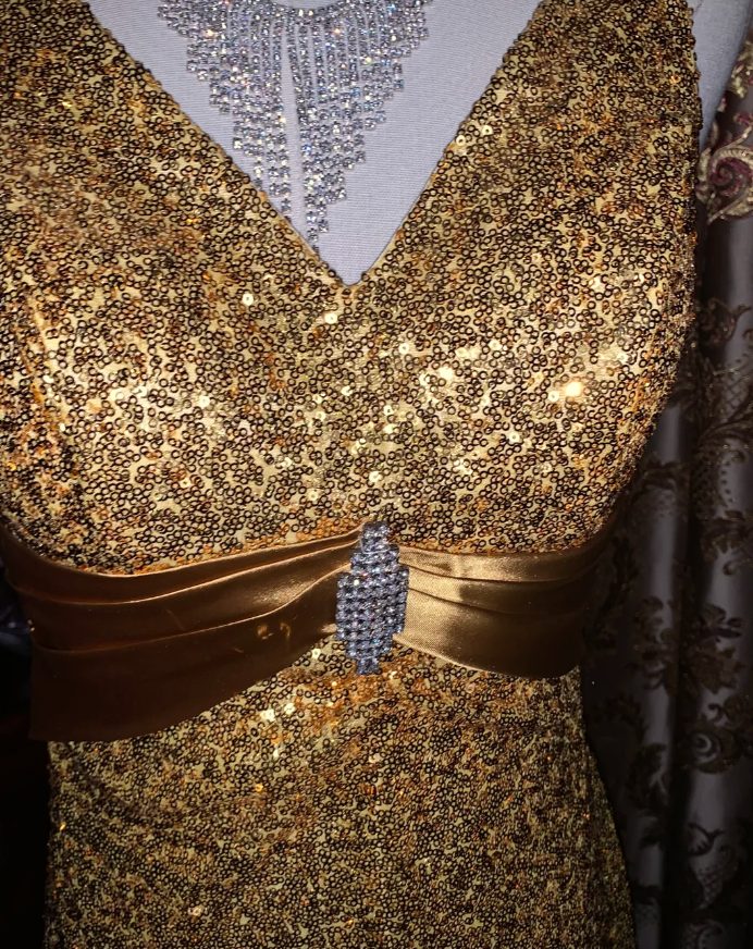 Glitter V Neck Sequin Beaded Gold Mermaid Party Dress Long Evening Dress - View 8 | VelvetHem