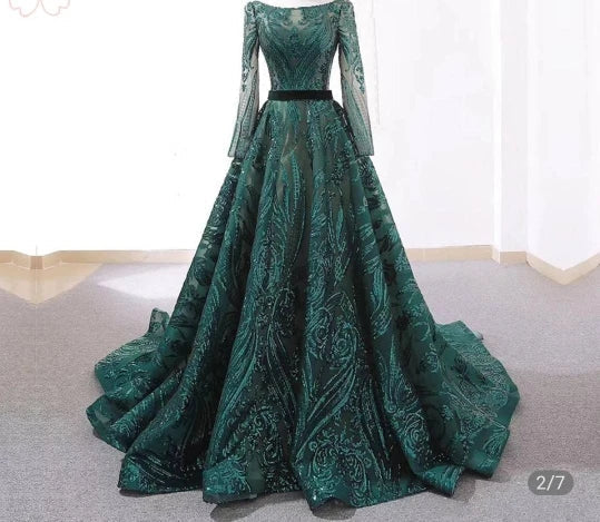 customized Dubai A-Line Green Evening Dress Muslim Women Vintage Long Sleeves Robe De Soiree Sequins Sparkle Prom Party Gowns - View 2 | VelvetHem