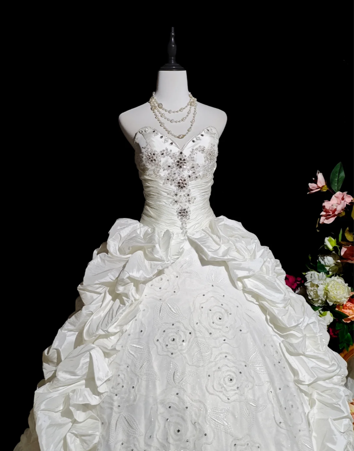 Retro Strapless Satin Pleated Beaded Ball Gown White Birthday Quinceanera Dress - View 3 | VelvetHem
